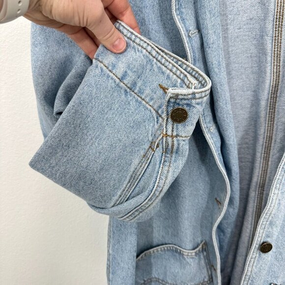 Vintage 90s Women's Size XL Denim Trench Chore Coat Light Wash Contrast Collar - Picture 5 of 10